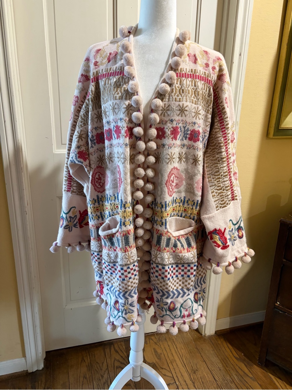 Johnny Was Blush Pink Embroidered Pom-Pom Cardigan Cape